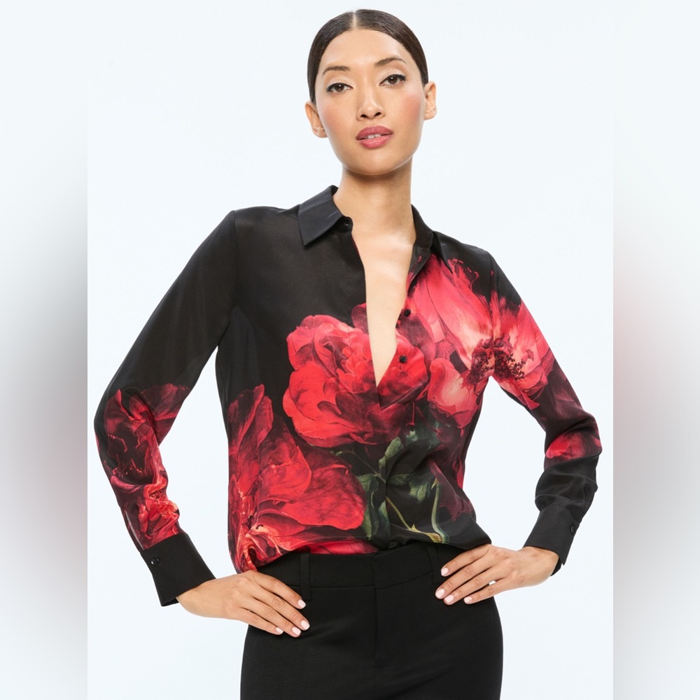NWT $395 Alice + Olivia Brady Floral Slim Fit Silk Button-Up Shirt Blouse
